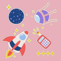 exterior espacio kawaii pegatina colocar. mano dibujado cósmico dibujos animados colección de planeta, cohete, astronave, estrella, Luna. haz de linda niño gráfico para guardería impresión en galaxia exploración universo vector