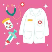 Cute medical sticker set. Hand drawn healthcare cartoon doodle stethoscope injection uniform capsule. Bundle of nursery kid graphic print for hospital clinic pharmacy emergency doctor vector