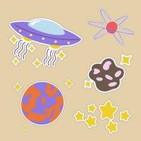 exterior espacio kawaii pegatina colocar. mano dibujado cósmico dibujos animados colección de orbita, extraterrestre OVNI, planeta, estrella, asteroide. haz de linda niño gráfico para guardería impresión en galaxia exploración universo vector