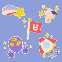 Outer space kawaii sticker set. Hand drawn cosmic cartoon collection of star, laser gun, moon flag, rocket ufo alien. Bundle of cute kid graphic for nursery print in galaxy exploration universe vector