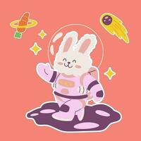 Cute astronaut rabbit sticker vector illustration with star and comet, cosmonaut bunny waving hand, universe planet animals mascot exploring journey floating in spacesuit spaceman costume, funny pet