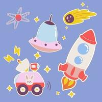 Outer space kawaii sticker set. Hand drawn cosmic cartoon collection of saturn, planet, ufo alien, star. Bundle of cute kid graphic for nursery print in galaxy exploration universe vector