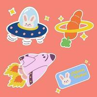 exterior espacio kawaii pegatina colocar. mano dibujado cósmico dibujos animados colección de barco, OVNI extraterrestre, planeta, luna, cohete. haz de linda niño gráfico para guardería impresión en galaxia exploración universo vector