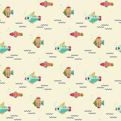 Baby seamless vector pattern. Cute, colored cartoon fishes. Kids texture for fabric, textile, clothing, wrapping paper, wallpaper. Vector illustration in pastel, retro colors.