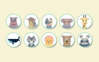 Cute animal portraits. Great for designing baby clothes, posters, avatar, icon,cards,  pattern for fabrics, wrapping paper, wallpaper, postcards. Vector illustration in flat, simple, geometric style.