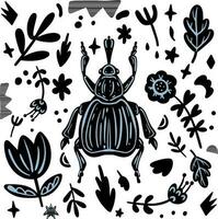 resumen negro y con antecedentes con escarabajo y plantas. editable mano dibujado vector ilustración. Perfecto imágenes para tela, textil, ropa, envase papel, fondo de pantalla