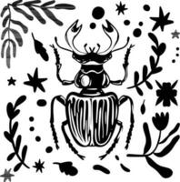Abstract black and with background with beetle and plants.  Editable hand drawn Vector illustration. Perfect pictures for fabric, textile, clothing, wrapping paper, wallpaper