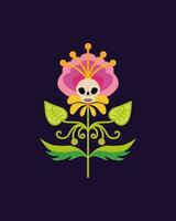 Decorative flower with a skull.  Vector hand-drawn drawing.  Flower for Halloween, Day of the Dead.  Traditional Mexican pattern.  Design for t-shirts, posters.  Flat vector illustration.
