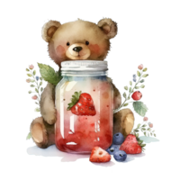 Watercolor bear with jam jar. Illustration png