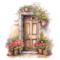 Cozy door with flowers watercolor. Illustration png