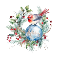 aguarela Natal árvore brinquedo pássaro e azevinho alegre galhos. ilustração ai generativo png