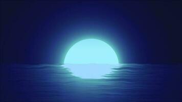 Abstract blue moon over water sea and horizon with reflections background video