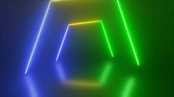 Abstract looped tunnel neon blue green and yellow energy glowing from lines background video