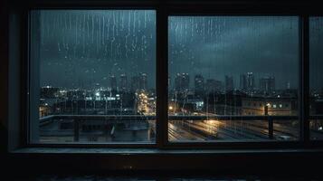 Rainy city view from the window. Night cityscape background. photo