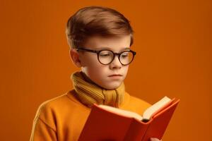 Cute little boy in glasses reading a book on orange background. photo