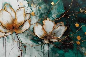 Watercolor abstract background with yellow lotus flowers and watercolor stains photo