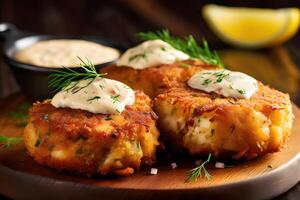 delectable crab cakes with remoulade sauce, daylight, wooden board background, Southern style, photo