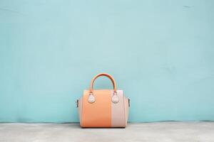 0380. handbag in front of light pastel wall. photo