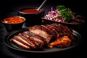 beef brisket with barbecue sauce, coleslaw, Southern style, photo