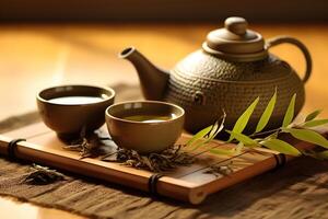 hojicha roasted green tea with ceramic teapot and cups, photo