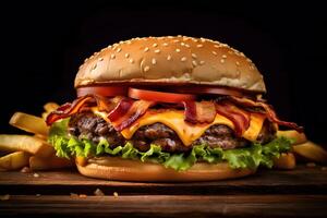 juicy cheeseburger with bacon and fries, American style, photo