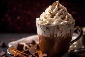 smooth and velvety Swiss hot cocoa with whipped cream and chocolate shavings, photo