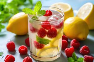 ice-cold lemonade with mint and raspberries, photo