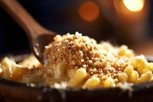 creamy mac and cheese with breadcrumbs, American style, photo