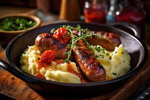 flavorful bangers and mash with sausages and mashed potatoes, British style, photo