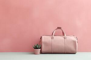 0350. Duffel bag in front of light pastel wall. photo