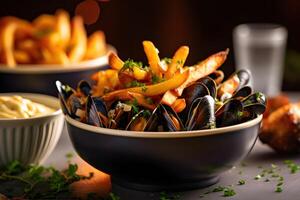 delicioso moules patatas fritas con mejillones y papas fritas, Belga estilo, generativo ai foto