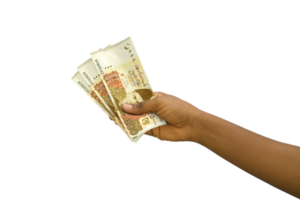 Fair hand holding 3D rendered Pakistani Rupee notes isolated on transparent background png