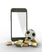 3d renderen van een mobiel telefoon met voetbal bal en stapels van Pakistaans roepie aantekeningen geïsoleerd Aan transparant achtergrond. png
