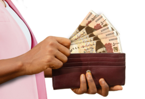 eerlijk hand- Holding bruin handtas met Pakistaans roepie notities, hand- Verwijderen geld uit van handtas geïsoleerd Aan transparant achtergrond png