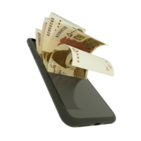 3D rendering of 5000 Pakistani rupee notes inside a mobile phone isolated on transparent background png