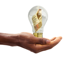 Black Hand holding 3d rendered Pakistani Rupee note inside transparent light bulb, creative thinking. Making money by solving problem. Having idea concept png