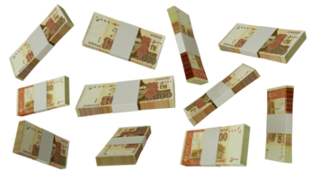 3D rendering of stacks of Pakistani Rupee notes flying in different angles and orientations isolated on transparent background png