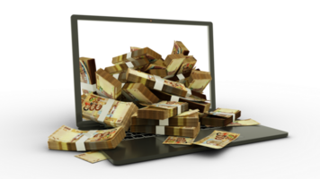 3D rendering of Bolivian Boliviano notes coming out of a Laptop monitor isolated on transparent background. stacks of Bolivian Boliviano notes inside a laptop. money from computer, money from laptop png
