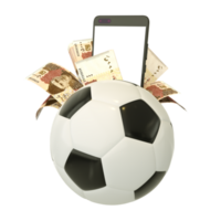 3d rendering of Pakistani Rupee notes and phone behind soccer ball. Sports betting, soccer betting concept isolated on transparent background. mockup png