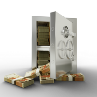 Bundles of Pakistani Rupee in Steel safe box. 3D rendering of stacks of money inside metallic vault isolated on transparent background, Financial protection concept, financial safety. png