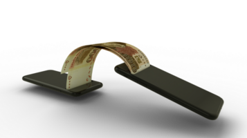 3D rendering of 5000 Pakistani rupee notes transferring from one phone to another. mobile money transaction concept png