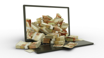 3D rendering of Pakistani rupee notes coming out of a Laptop monitor isolated on transparent background. stacks of rupee notes inside a laptop. money from computer, money from laptop png