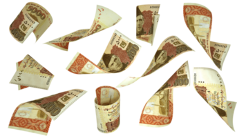3D rendering of Pakistani Rupee notes flying in different angles and orientations isolated on transparent background png