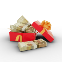 Stack of Pakistani rupee notes inside an open red gift box. Bundles of Pakistani rupees inside a gift box. 3d rendering of money inside box isolated on transparent background png