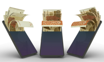 Pakistani Rupee notes inside a mobile phone. money coming out of mobile phone. 3d rendering of set of mobile money transaction concept. money from Phone png