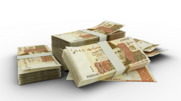 3d rendering of Stack of 5000 Pakistani rupee notes. bundles of Pakistani currency notes isolated on transparent background png