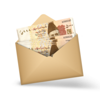Pakistani Rupee notes inside an open brown envelope. 3D illustration of money in an open envelope png