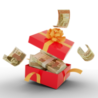 Pakistani rupee notes inside an open red gift box. Pakistani rupees inside and flying around a gift box. 3d rendering of money inside box isolated on transparent background png