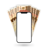 3d Illustration of Pakistani Rupee notes behind mobile phone png