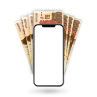 3d Illustration von pakistanisch Rupie Anmerkungen hinter Handy, Mobiltelefon Telefon png